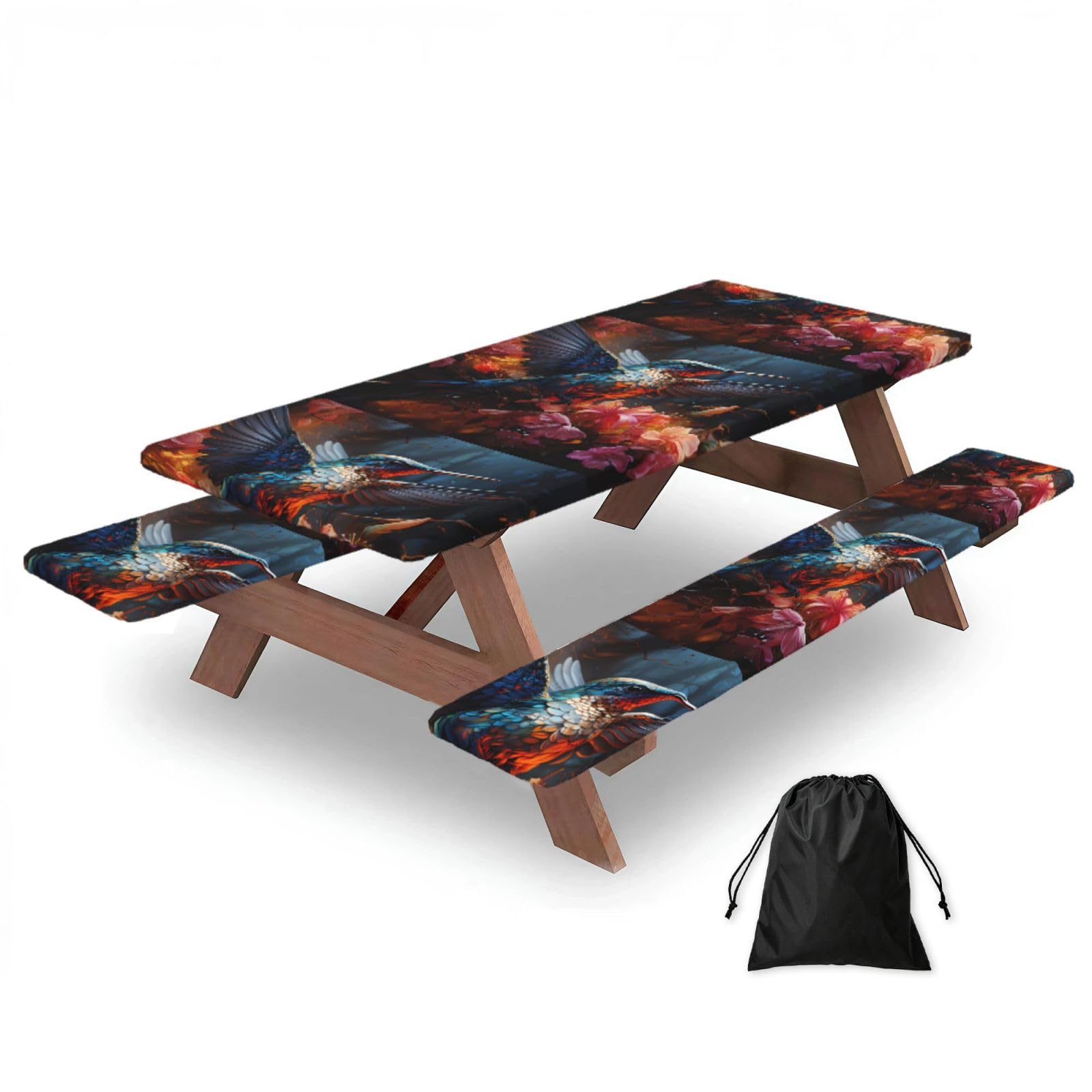 72in Camping Table Cover & Bench Covers 3-Pack Set, Hummingbird Print Tablecloths, for Rectangle Tables Picnic