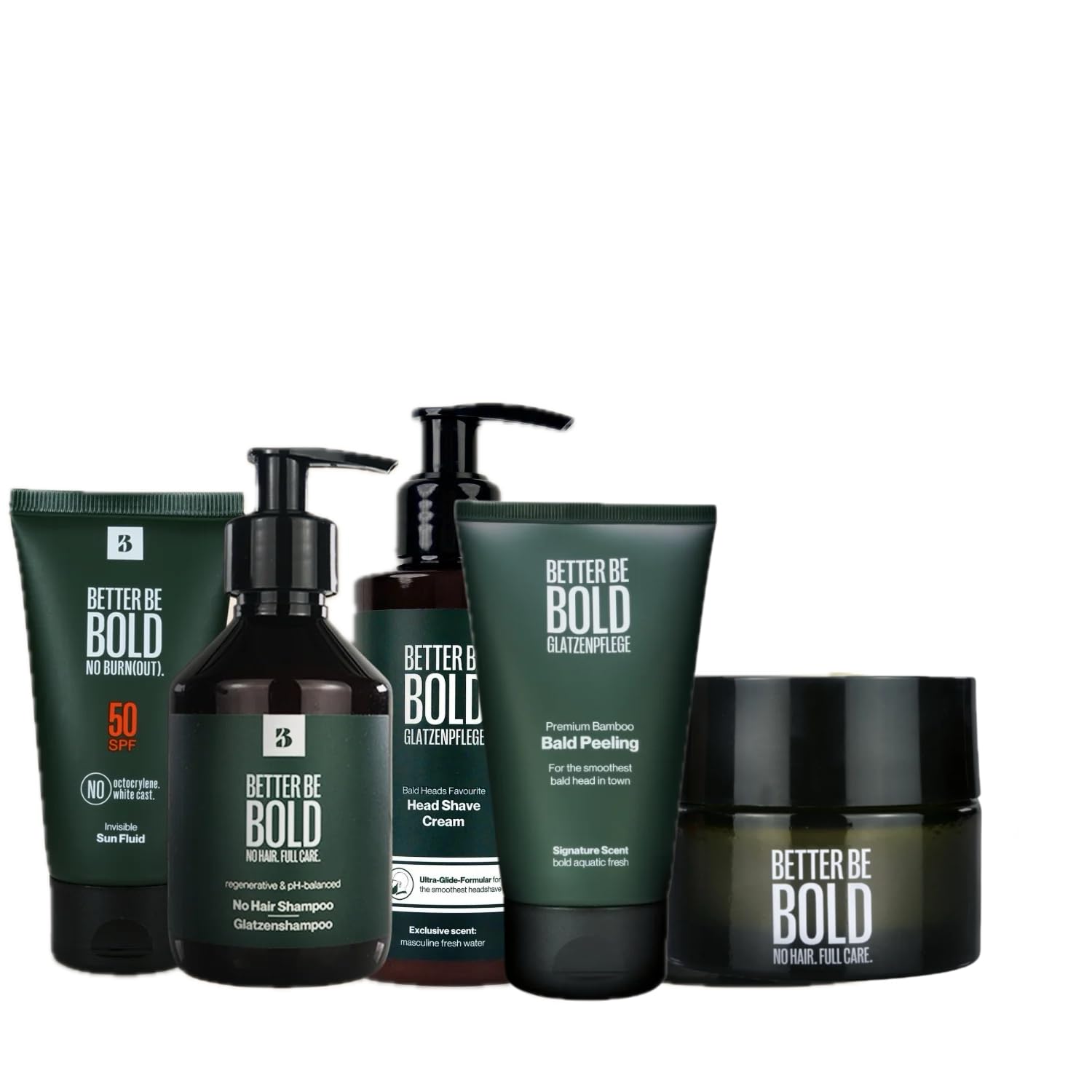 BETTER BE BOLD I "Das Ultimative" Glatzenpflege-Set 2.0 I 5-in-1 Set gegen Glanz, Pigmentflecken & Trockenheit – Mit Glatzencreme, Sonnenschutz LSF 50, Peeling & Shampoo