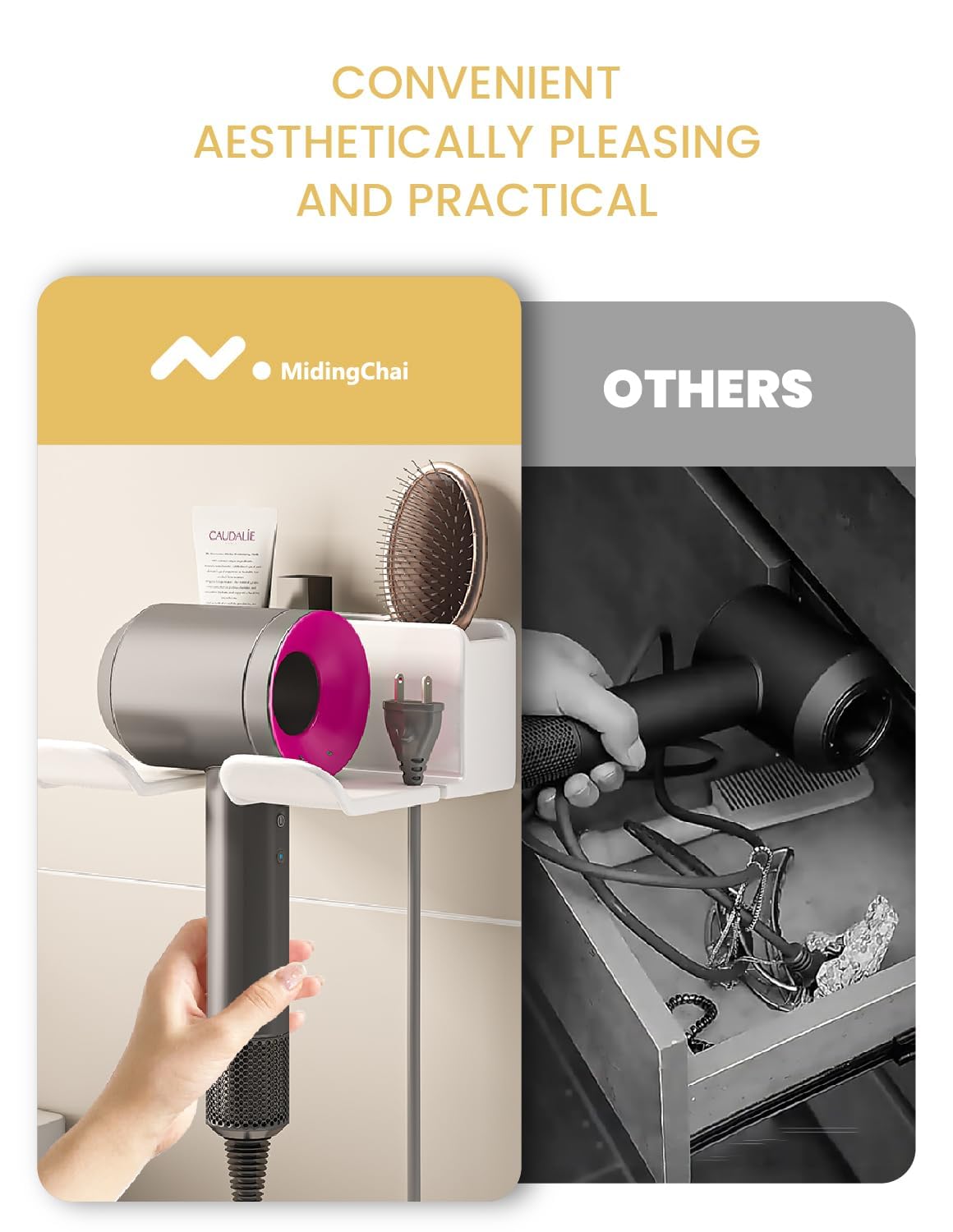 Porta Phone Bagno da Muro Adesivo, Porta Asciugacapelli, Supporto per Asciugacapelli per Bagno 2 Scomparti e Portacavi (16*6.5*12.6CM)