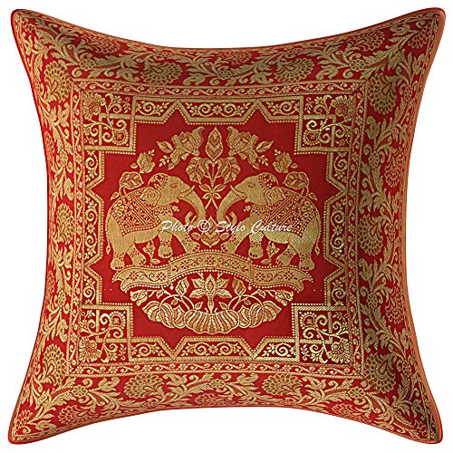 Image of Decorative Brocade Cushion Covers 16x16 Inch Banarasi Jacquard Weave Red & Gold Drawing Room Decor Elephant Traditional Square 40x40 cm Zippered Sofa Settee Pillowcases -Set of 2 Pcs