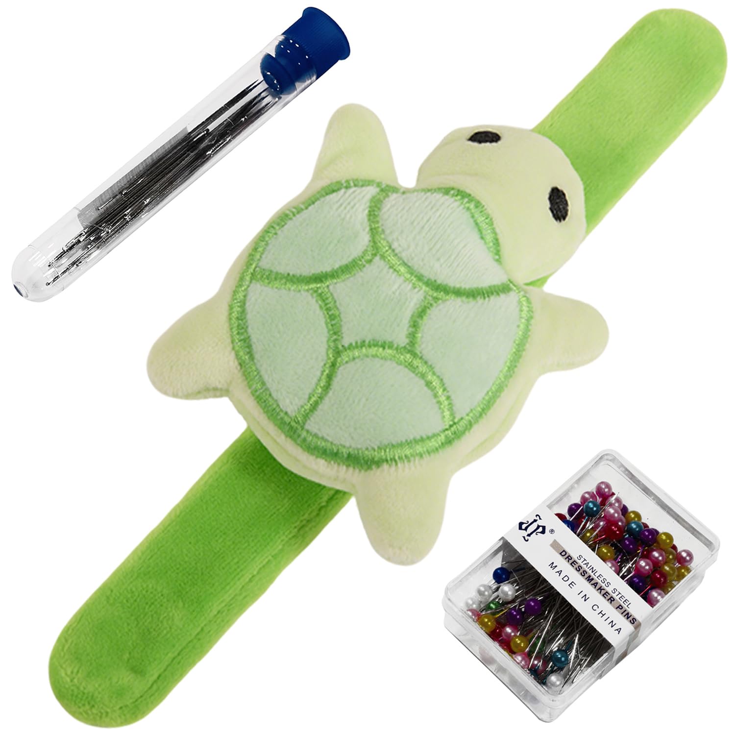 Creawonder Women's Turtle Green Turtle-Shaped Wrist Pin Cushion For Sewing, Snap Bracelet Wrist Bands Pincushion Organizer For Pins And Needles Include 80 Pearl Ballhead Pins And 18 Sewing Needles, Green