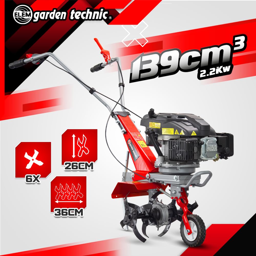 Motobineuse Thermique 139cc - 4 Fraises - Largeur de Travail 36cm - Elem Garden