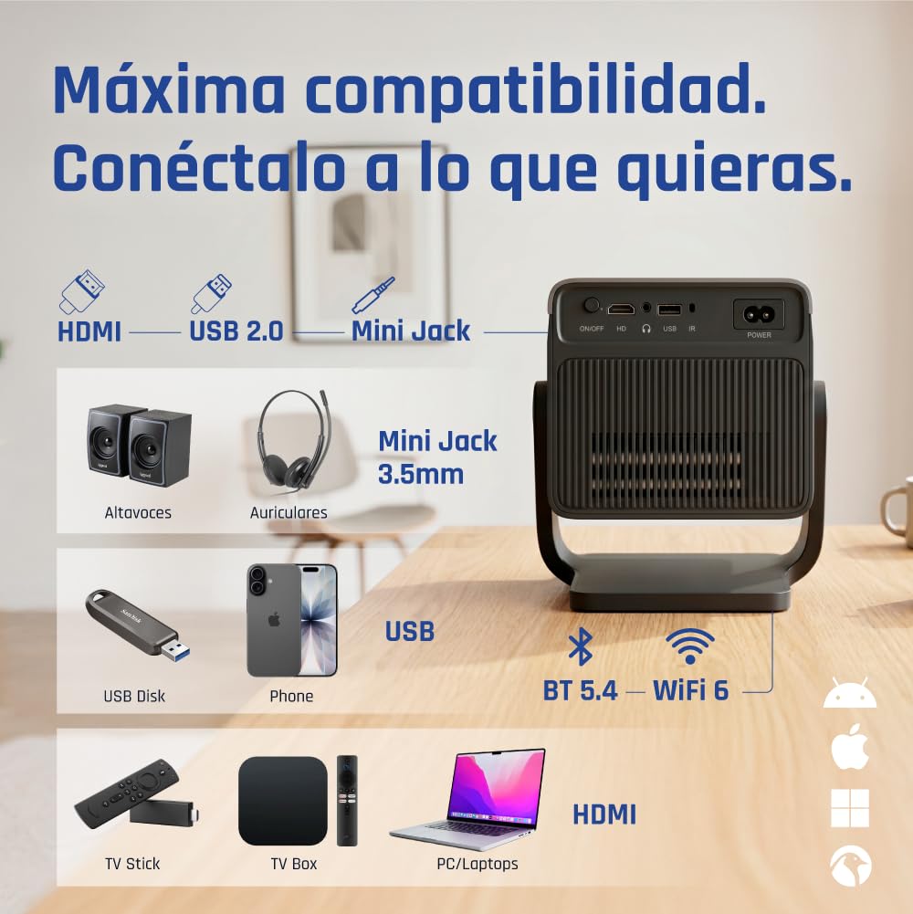 iggual - Pack Proyector Portátil Full HD 1080 p, (Android 14, WiFi, Bluetooth, HDMI) + Pantalla Proyección 100" Pulgadas, (Tela Plegable, Antiarrugas), Usos: Cine en Casa, Streaming, Gaming,