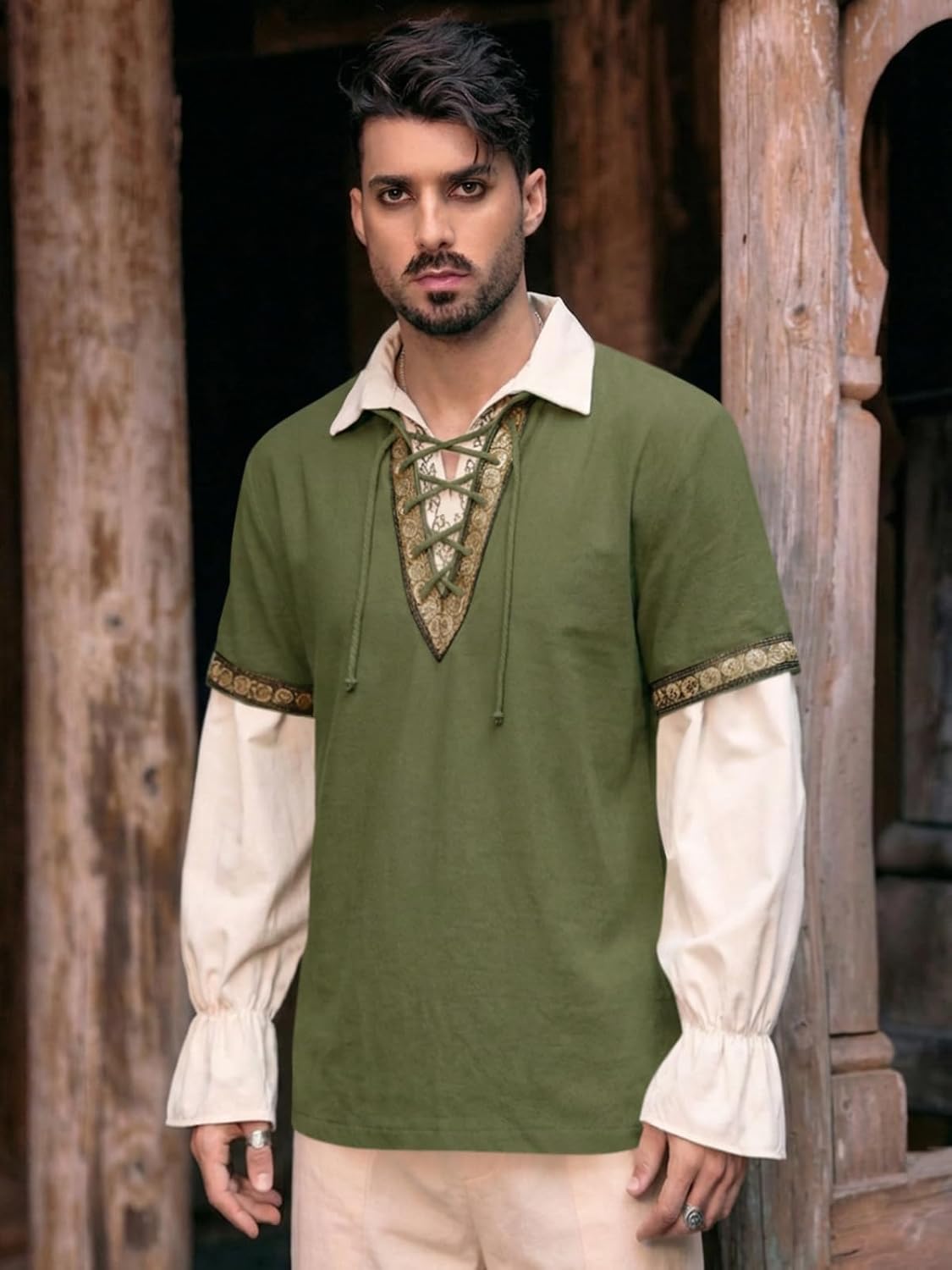 Runcati Mens Medieval Pirate Shirt Cotton Lace Up Renaissance Shirts Viking Retro Scottish Halloween Costume Tops