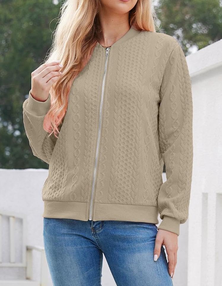 WROLEM Women's Zip Up Cardigan Sweater Cable Hoodies Long Sleeve Jacket Outfits Crewneck Casual Coat - Image 7