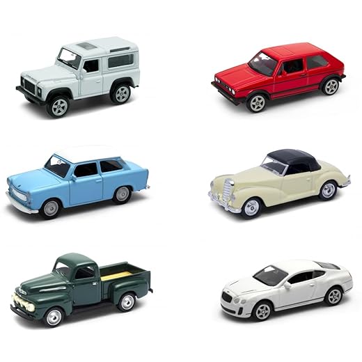 OPO 10 - Set of 6 Miniature Cars, 1:64 Scale, 3 inches (7.5cm): Bentley, Mercedes, Ford, Land Rover, Volkswagen, Trabant - Welly LSUP7