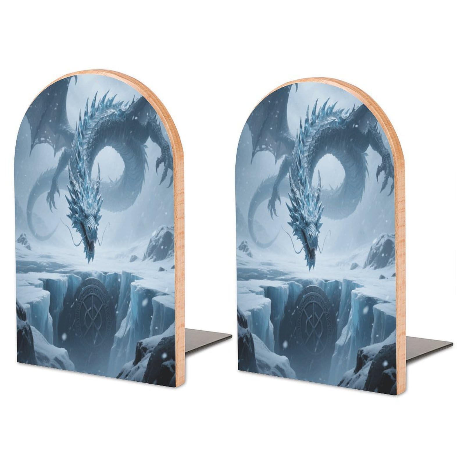 Ice Dragon Bookend for Shelves Decorative 1 Pair Modern Wood Book End Universal Economy Bookend with Metal Base Heavy Duty Non-Slip Book Organizer for Home Office