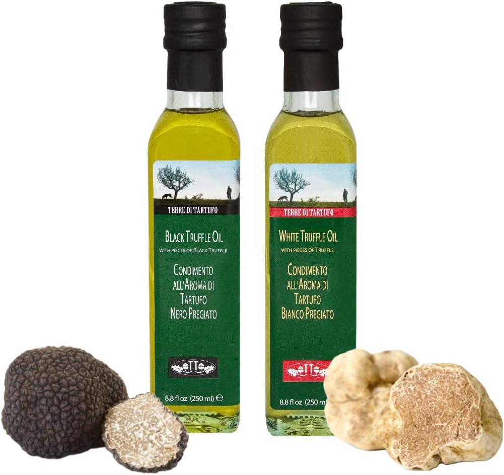 White and Black Truffle Olive Oil Combo | Terre di Tartufo | Versatile Condiments for Any Gourmet Dish | 8.4 fl oz (250ml) - Pack of 2