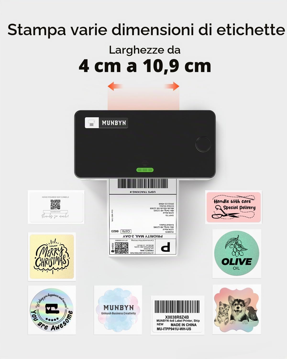 MUNBYN AirPrint Stampante per etichette Wi-Fi Stampante per etichette di spedizione WLAN 4x6 Etichette Stampante termica per Amazon/Shopify/DHL/DPD/Hermes/UPS/FedEx/GLS, 941AP Bianco