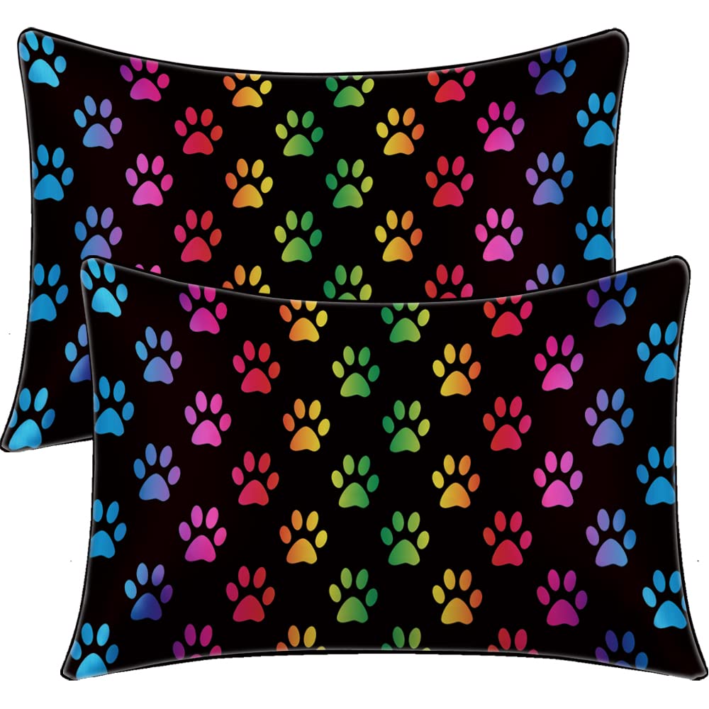 BlessLiving Satin Pillowcase Rainbow Paw Pillow Cases Set of 2 Bedding Pillowslip Envelope Closure Puppy Dogs Pillow Cover for Hair and Skin, Standard(20''x26'')