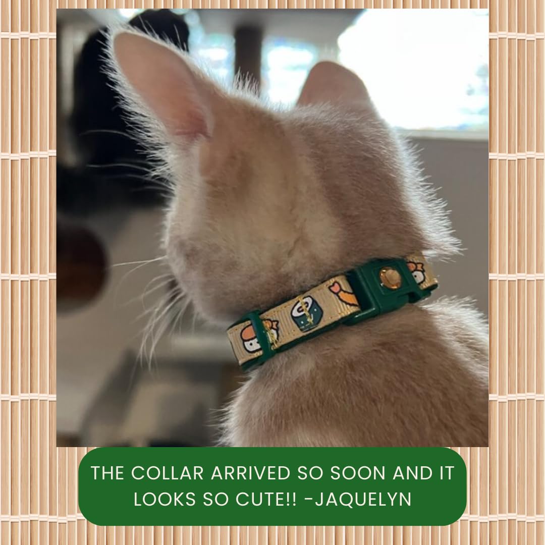 Collar de gato de sushi con campana de onigiri, tamaño grande ajustable o collar de gatito, collar de seguridad (pequeño (10 libras y menos), jengibre)
