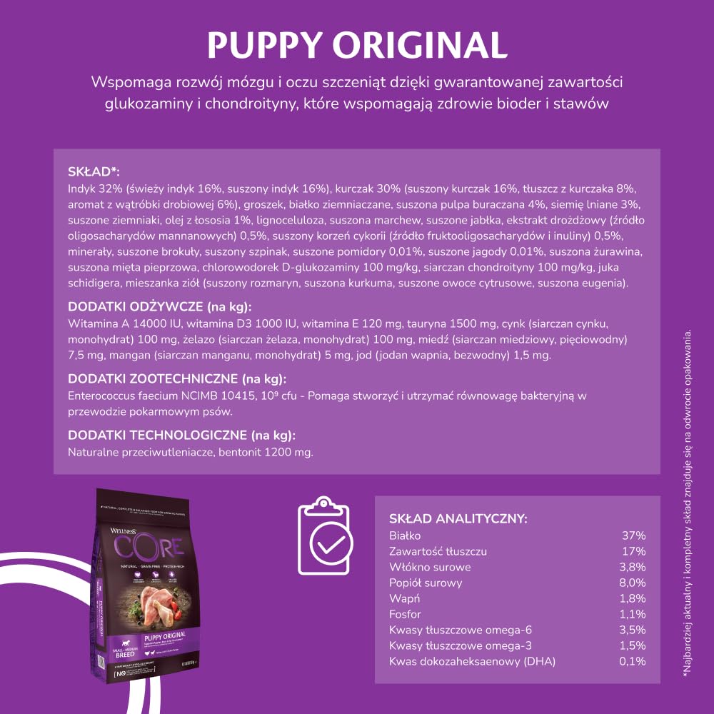 Wellness CORE Puppy 10 kg, Kurczak – Sucha Karma dla Szczeniąt Dużych Ras, Bezzbożowa, Naturalna, Hipoalergiczna, Bogata w Białko, o Wysokiej Zawartości Mięsa, Wspiera Rozwój Mózgu i Wzroku