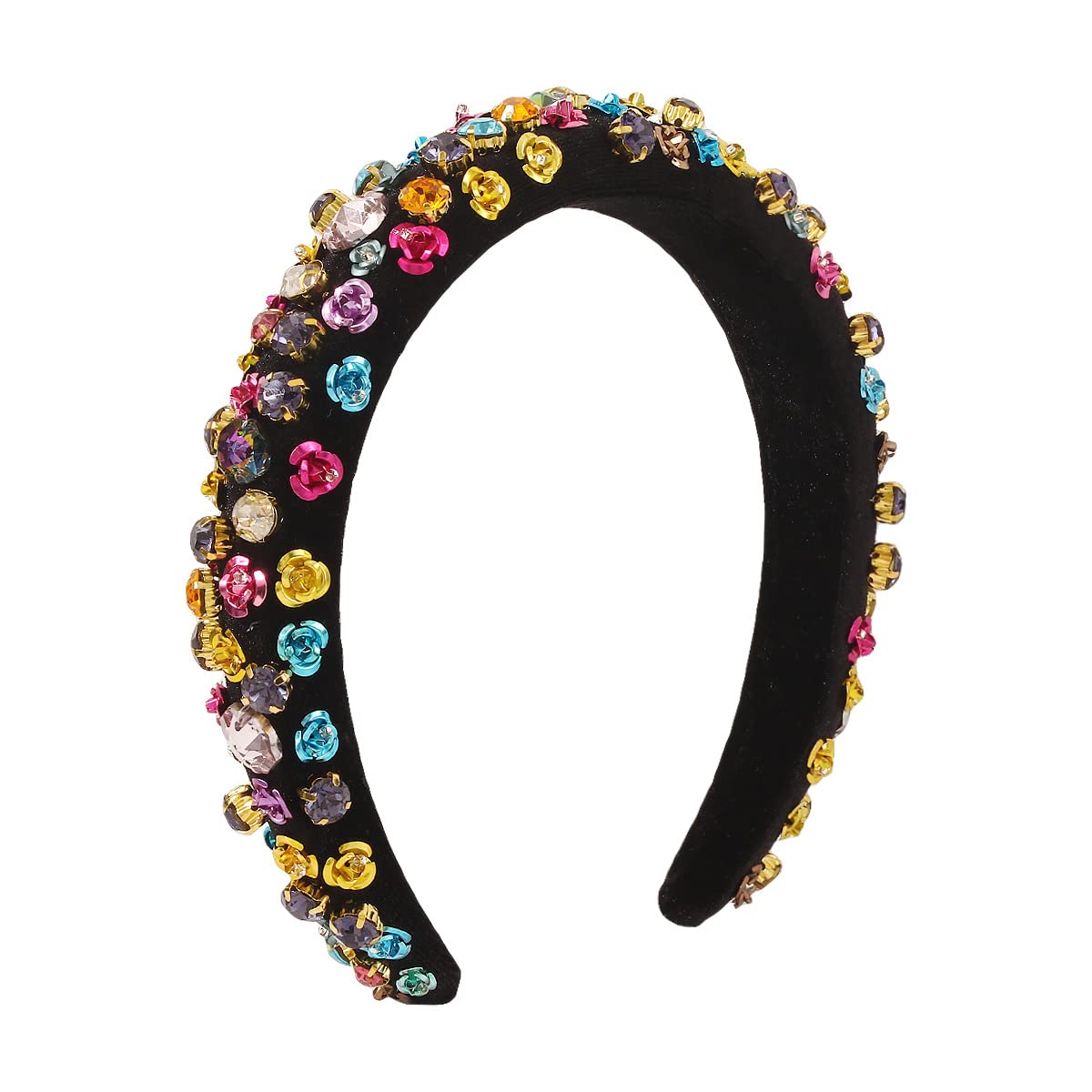 Modische Stirnbänder für Damen, Stil, dickes Haarband aus Schwammmetall mit Blumenmuster, hohe Totenkopf-Oberseite, breite Seite, Strass-Flanell-Stirnband, Schwarz