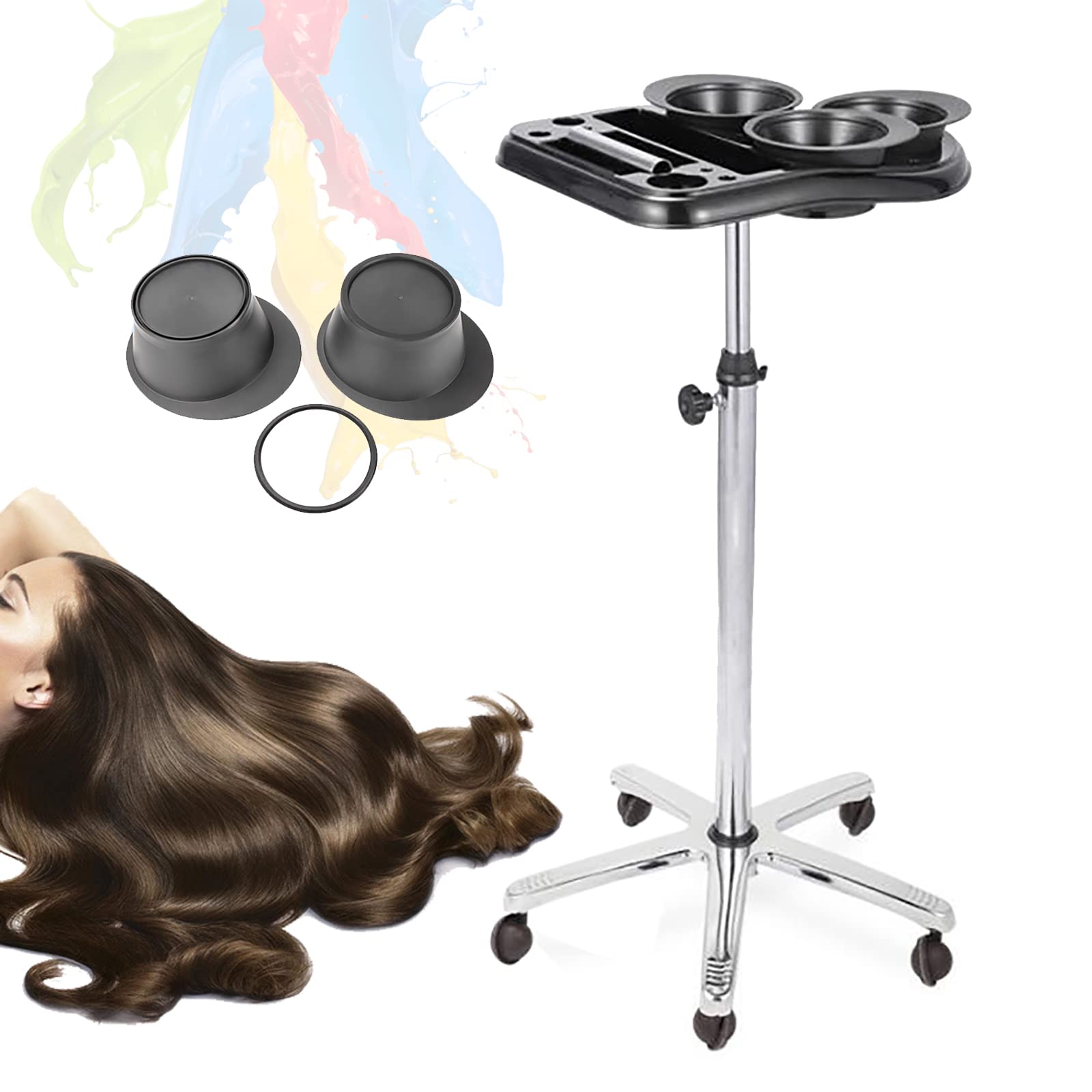 Carrito de peluquería, bandeja con ruedas para peluquería, bandeja de peluquería con cuencos Dyeing, carrito de peluquería profesional, carrito de peluquería, tintes de pelo, 70-105 cm de
