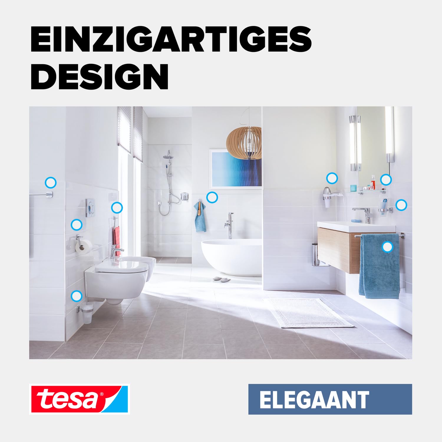 tesa ELEGAANT Bad Handtuchhalter, EIN Arm, verchromt - rostfrei, zur Wandbefestigung ohne Bohren, inkl. Klebelösung - 50 mm x 50 mm x 400 mm
