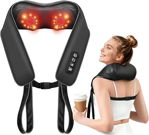 TISSCARE Masajeador de cuello para aliviar el dolor de tejido profundo con 2 niveles de calor, masajeador de espalda Shiatsu manos libres para