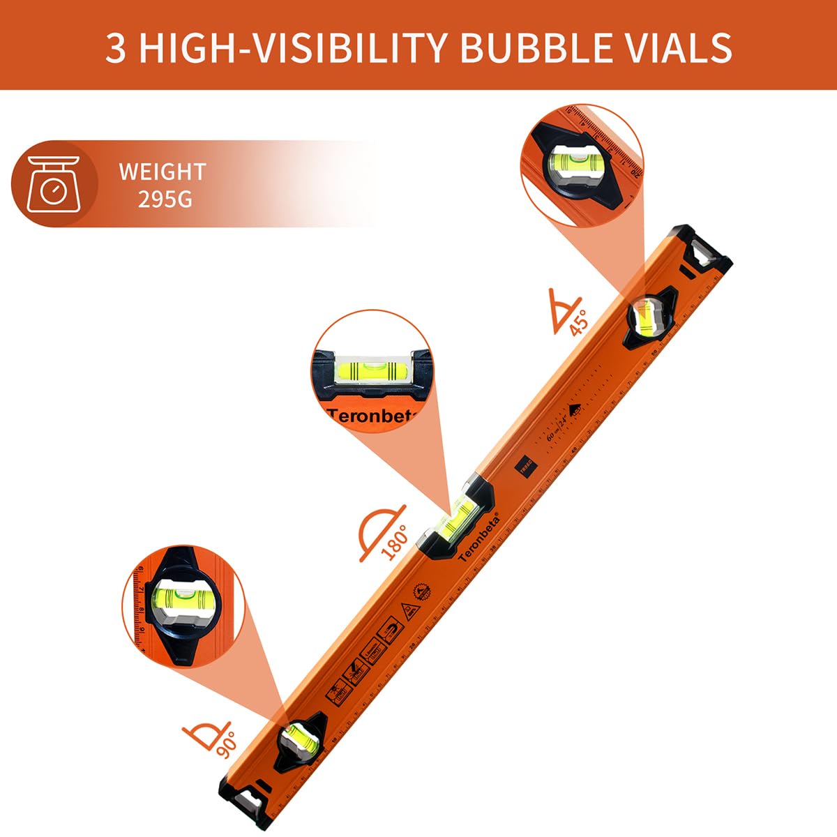 Livella a Bolla 60cm Magnetica con 3 Bolle (Orizzontale, Verticale,45 Gradi) e Prova di Urto Calotte Terminali in Gomma