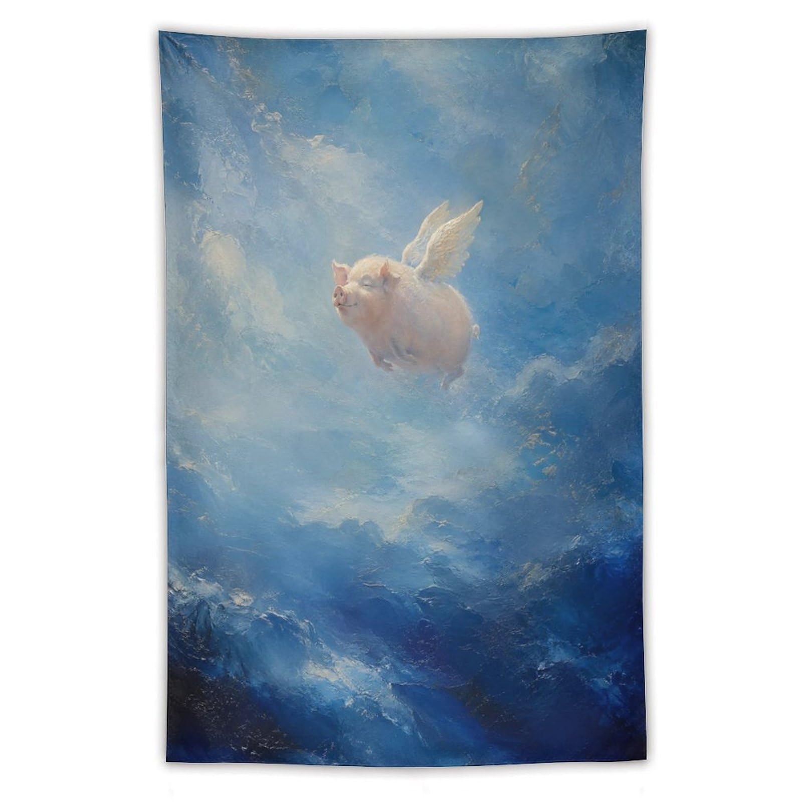 W7C8U2X3 Flying Pig Ocean Sky Wall Tapestry, Naive Art Style, Entryway