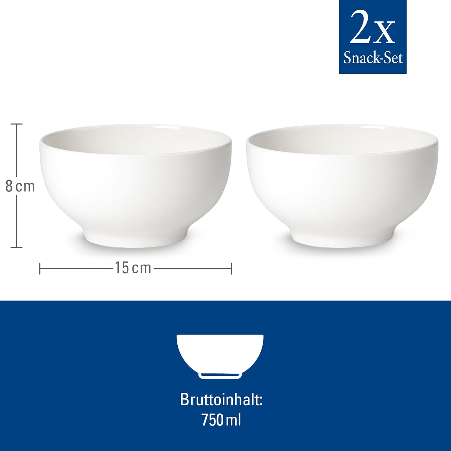Villeroy & Boch Snack Bowls, Premium Porcelain, White, Set of 2, 2-piece