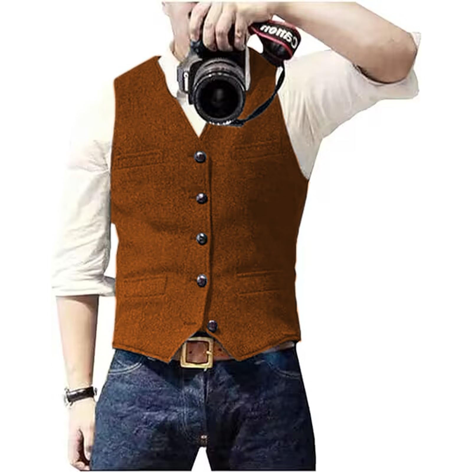 Solovedress Mens Vintage Waistcoat Tweed Wool Regular Fit Suit Vest for Wedding Groomsmen(Orange,XS)