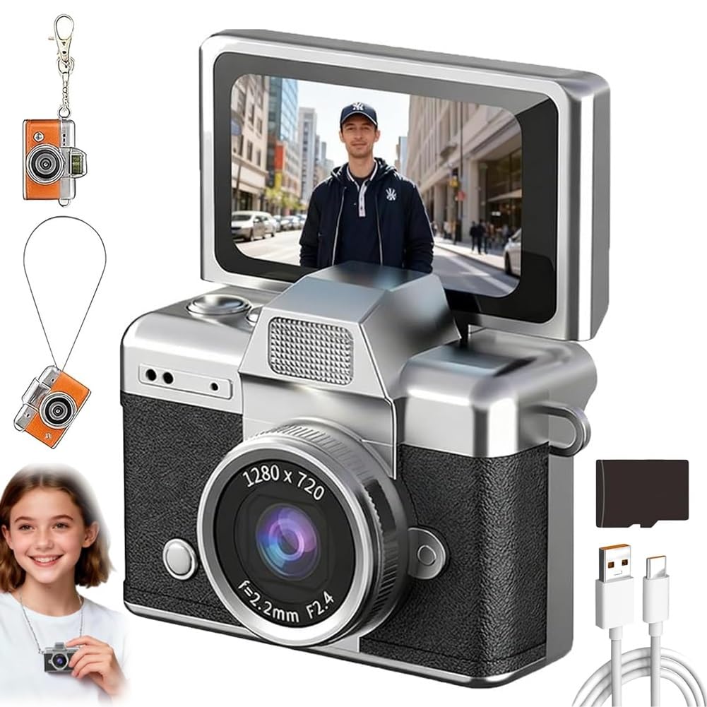 Mini Digital Camera with 1.47 in LCD Screen, 1080P Retro Flip Display, Built-in Flash & Keychain Size, Portable Travel Pocket Camera with 64GB Card for Concerts Study Birthday Gifts(Black,8G)-image-7