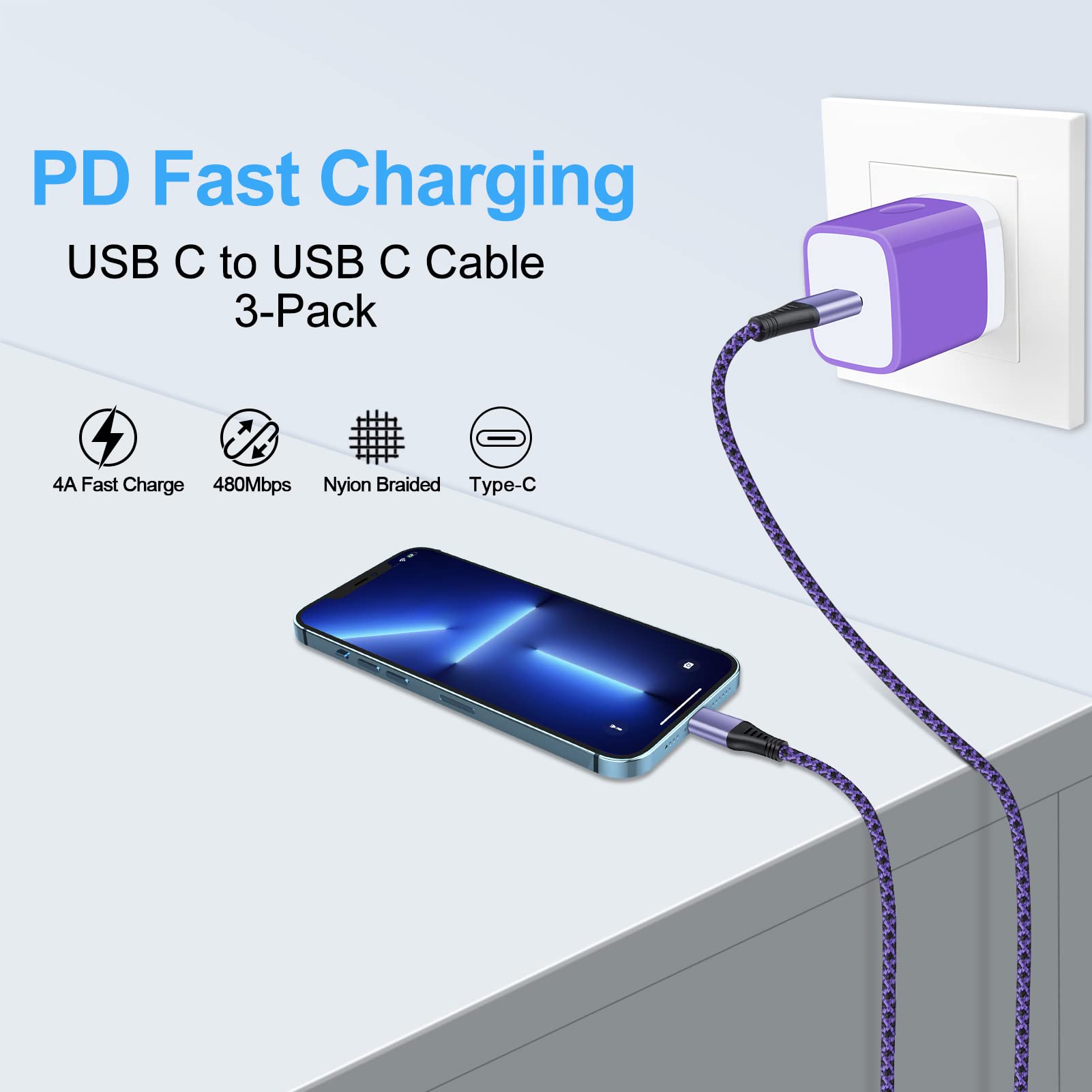 USB C to USB C Fast Charging Cable 3-Pack 6ft Type C Cable PD Cord Compatible iPhone 16 Pro Max Plus/15,Samsung Galaxy A15 5G/A54/S24 Ultra/A14/A35/A13/A23/S23FE/S21/Z Fold6/A53/S22,Pixel 9 Pro/8a/7/6