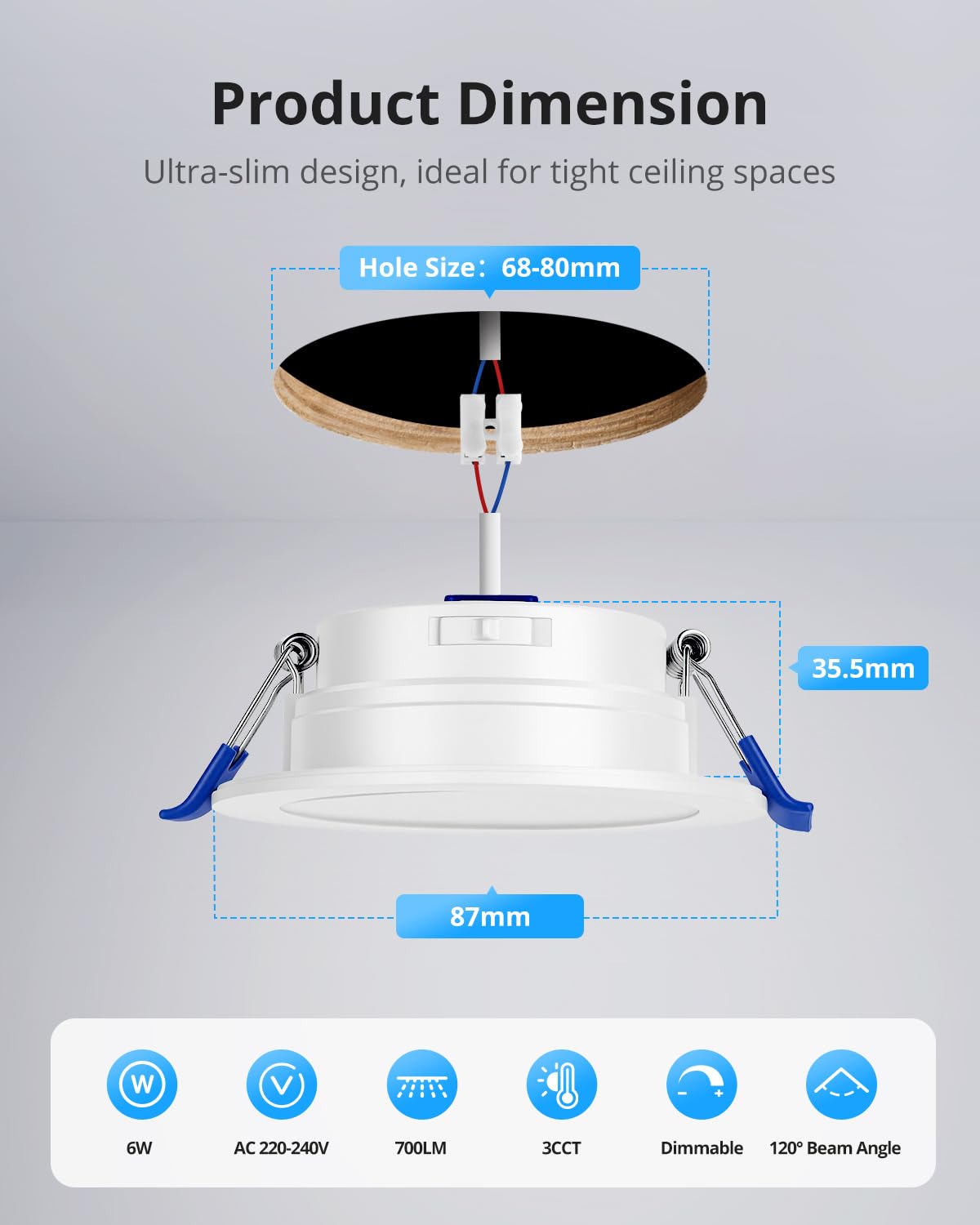 Gr4tec Reflektor LED do zabudowy, ściemnialny, 10 6 W, IP65, ciepła biel, 2700K, neutralna biel, 4000 K, zimna biel, 6000 K, 700 lm, bardzo płaskie reflektory sufitowe do salonu, kuchni, otwór Φ68-80