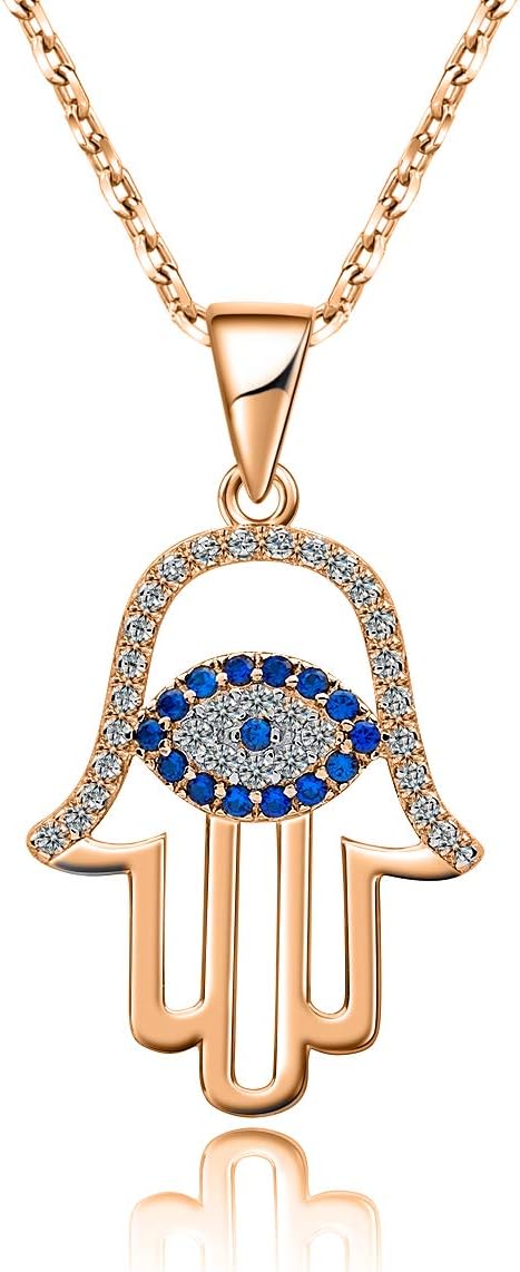 SLOONG Evil Eye Hamsa Hand Necklace Rose Gold 14k Gold Plated Third Eye White Blue Cz Womens Pendant Necklace