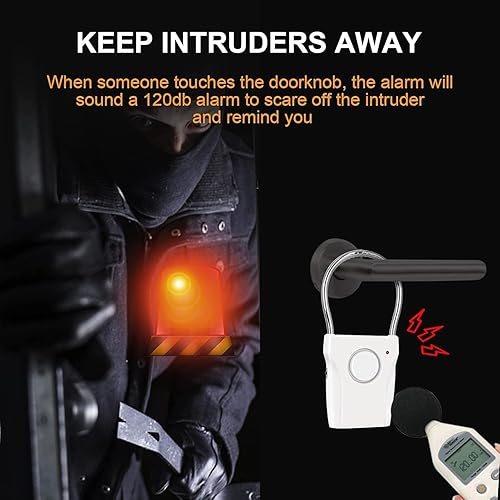 Miniatura 4 de Alarma de manija de puerta con activación por vibración de 120 dB de alarma audible hasta 550 pies de distancia se cuelga en la perilla de la puerta