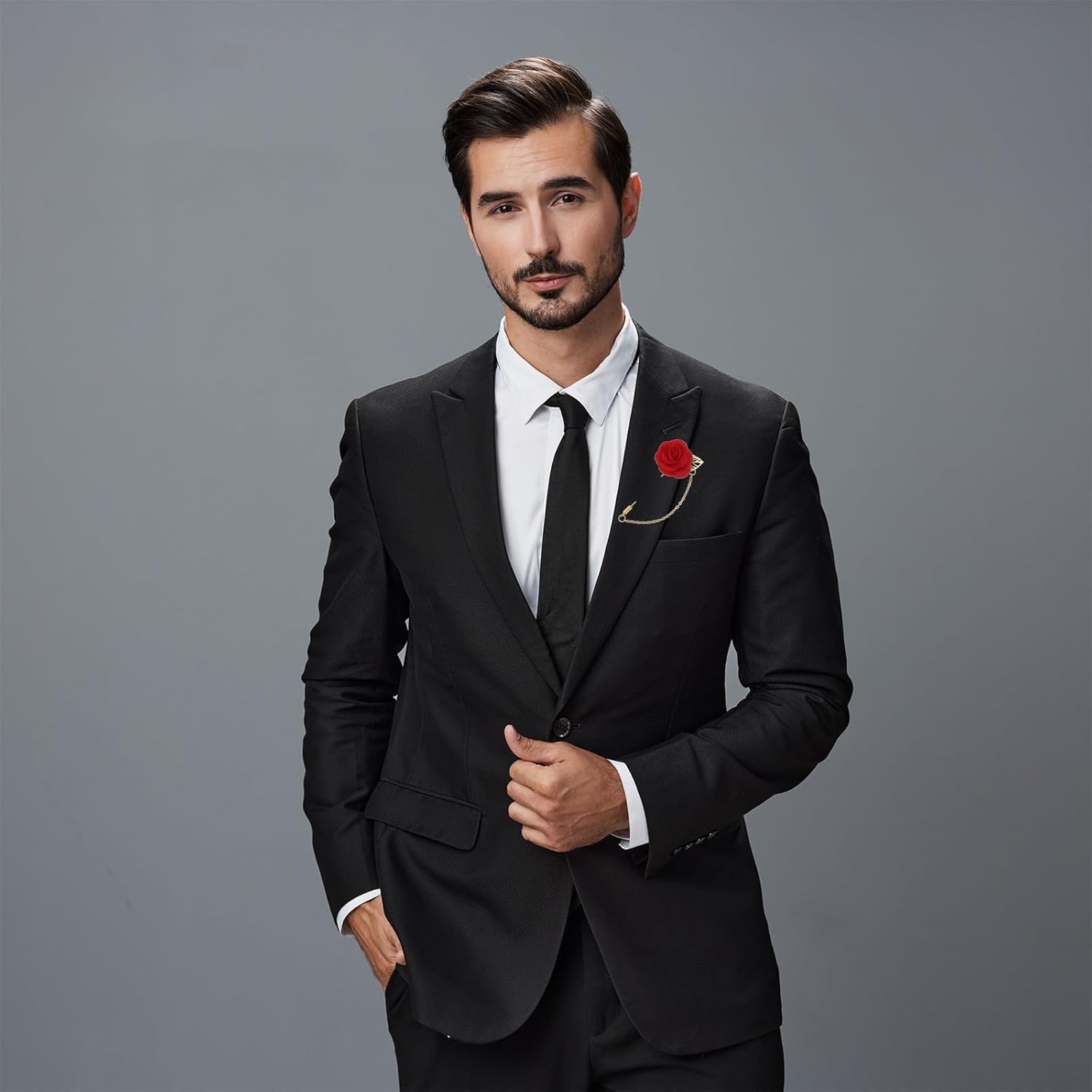 Lapel Pin for Men, Size: 1.57 inch Cloth Alloy Rose Flower Pin Suit Lapel Stick with Gold Leaf & Trim/Tassel Chain Brooch for Bridegroom Wedding 2 Count Deep Red