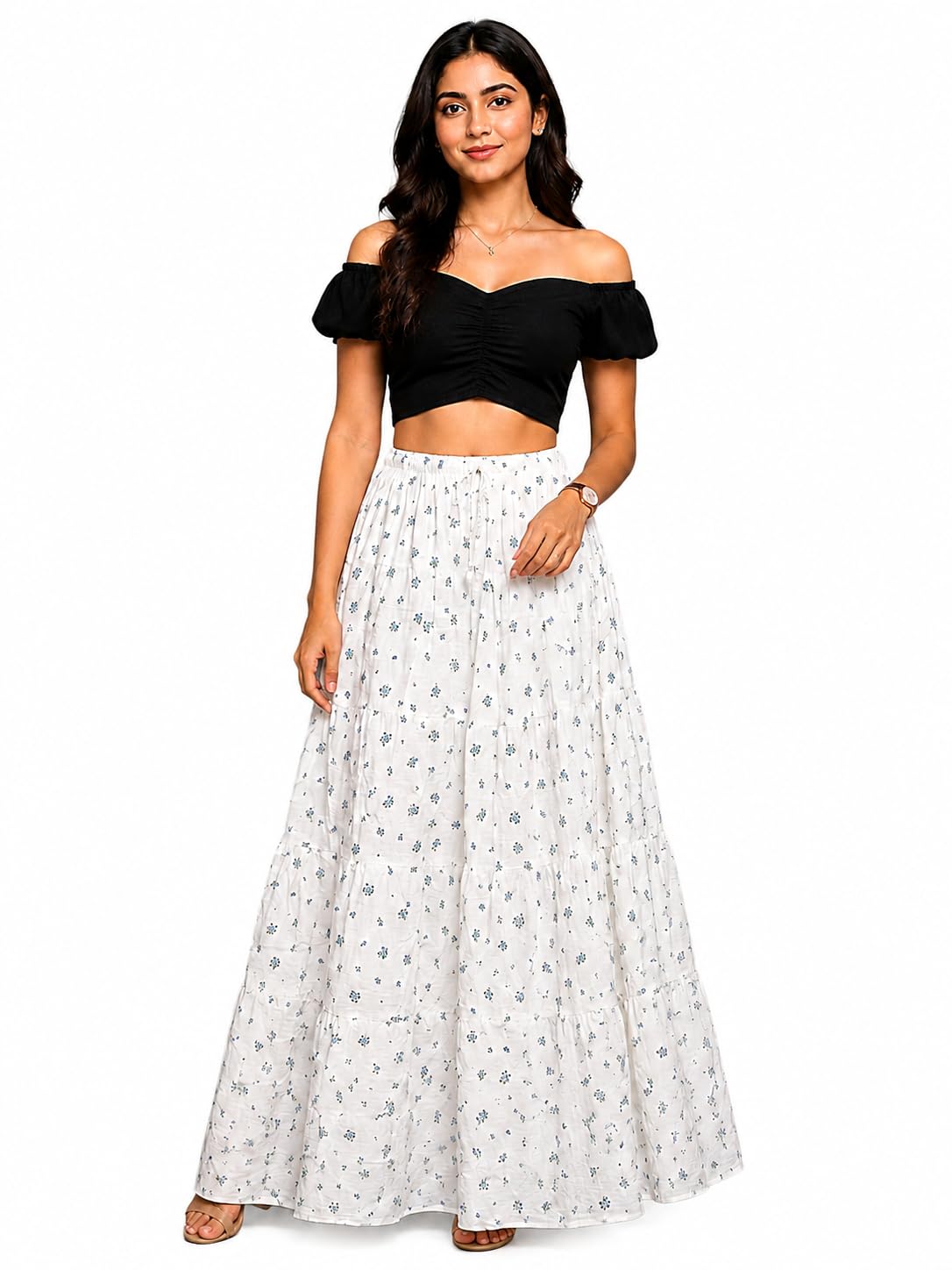 Women's White Floral Printed Tiered Maxi Skirt | High Waist Flared Long Skirt | White Tiered A-Line Long Skirt for Girls and Ladies-picture-20