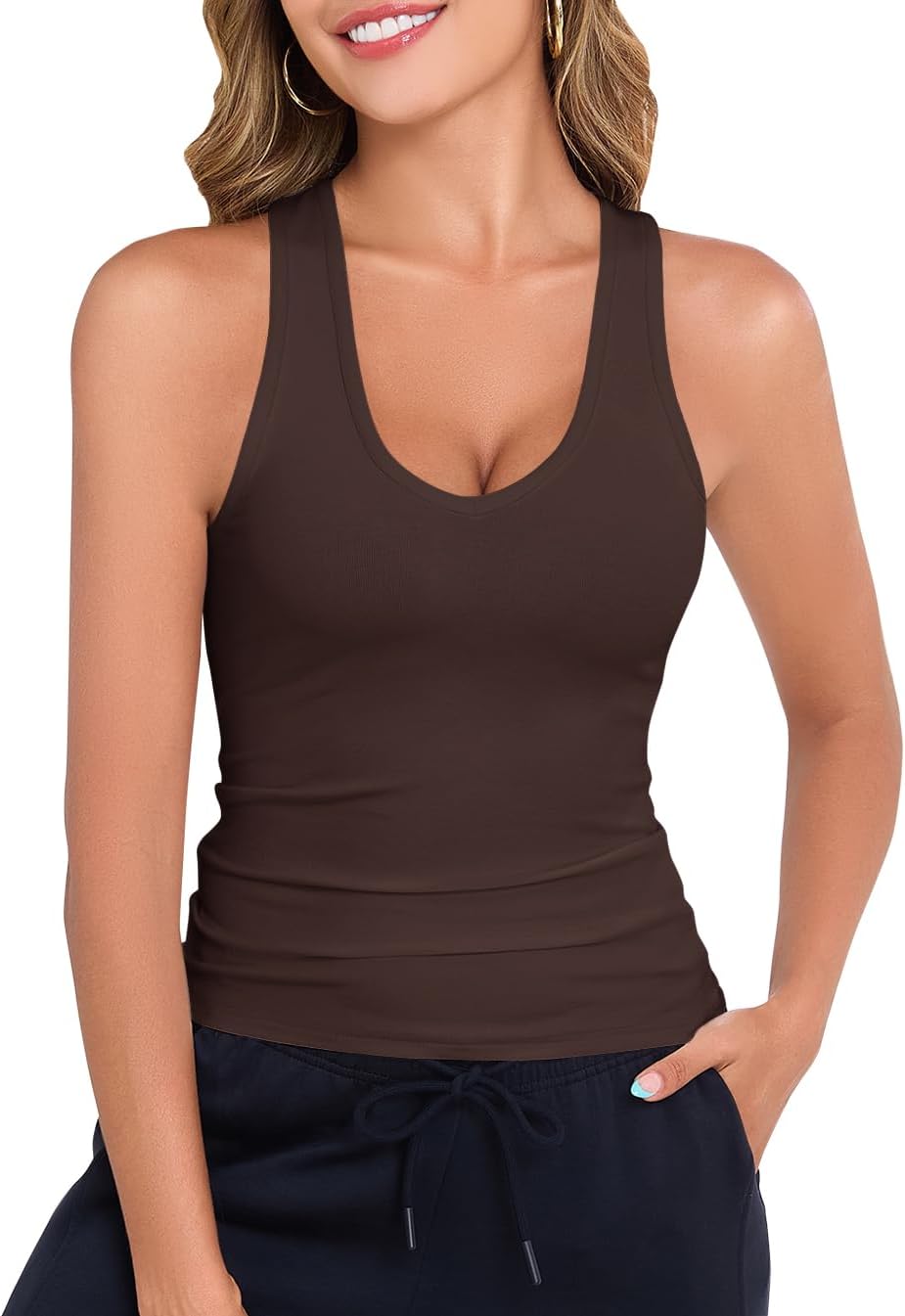 Smile Fish Women Deep V Neck Form Fitting Tank Top Sleeveless Summer Slim Cami Shirts