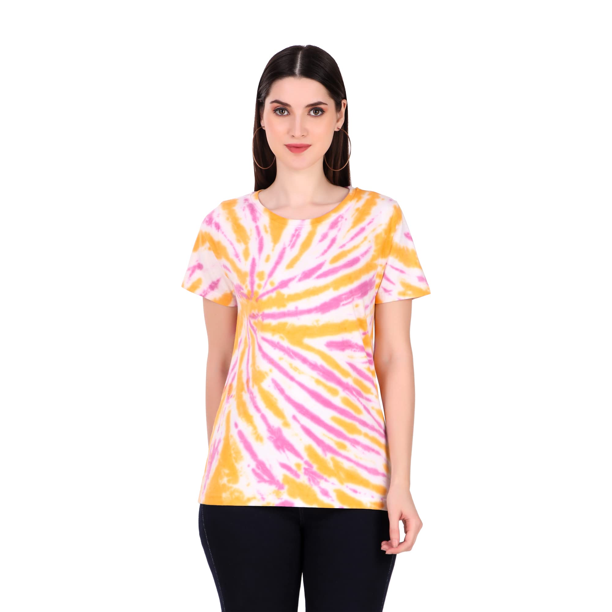 Stories.Label Women's Tie Dye Printed Cotton Tshirt in Ribbed Neck, Regular Fit Half Sleeves Tops for Girls Stylish (Size S - 5XL)