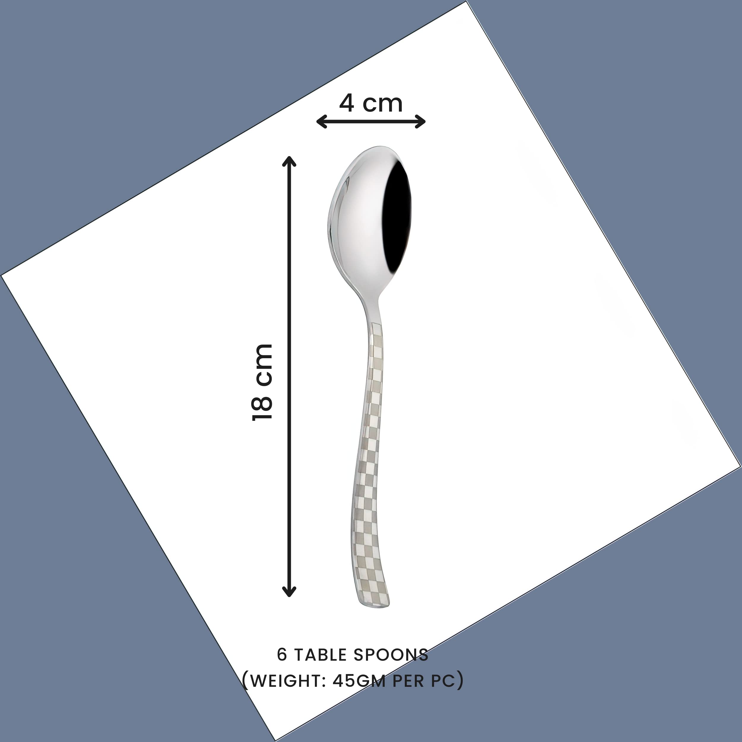 Parage 6 Pieces Stainless Steel Premium Dinner Spoons, Spoon Set, Silver, Checks Design, 18.5 cm — Amazon image 3