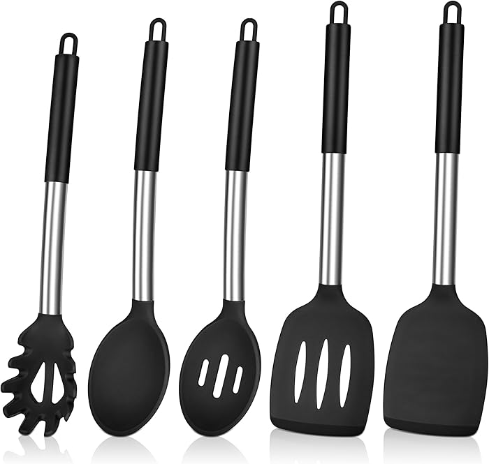 Herogo Kitchen Utensils Set, 5 Pieces Silicone Cooking Utensil with Stainless Steel Handle, Heat Resistant Kitchen Cooking Tools Turner Spoon Spatula for Nonstick Cookware Pan – Black : Amazon.co.uk: Home & Kitchen