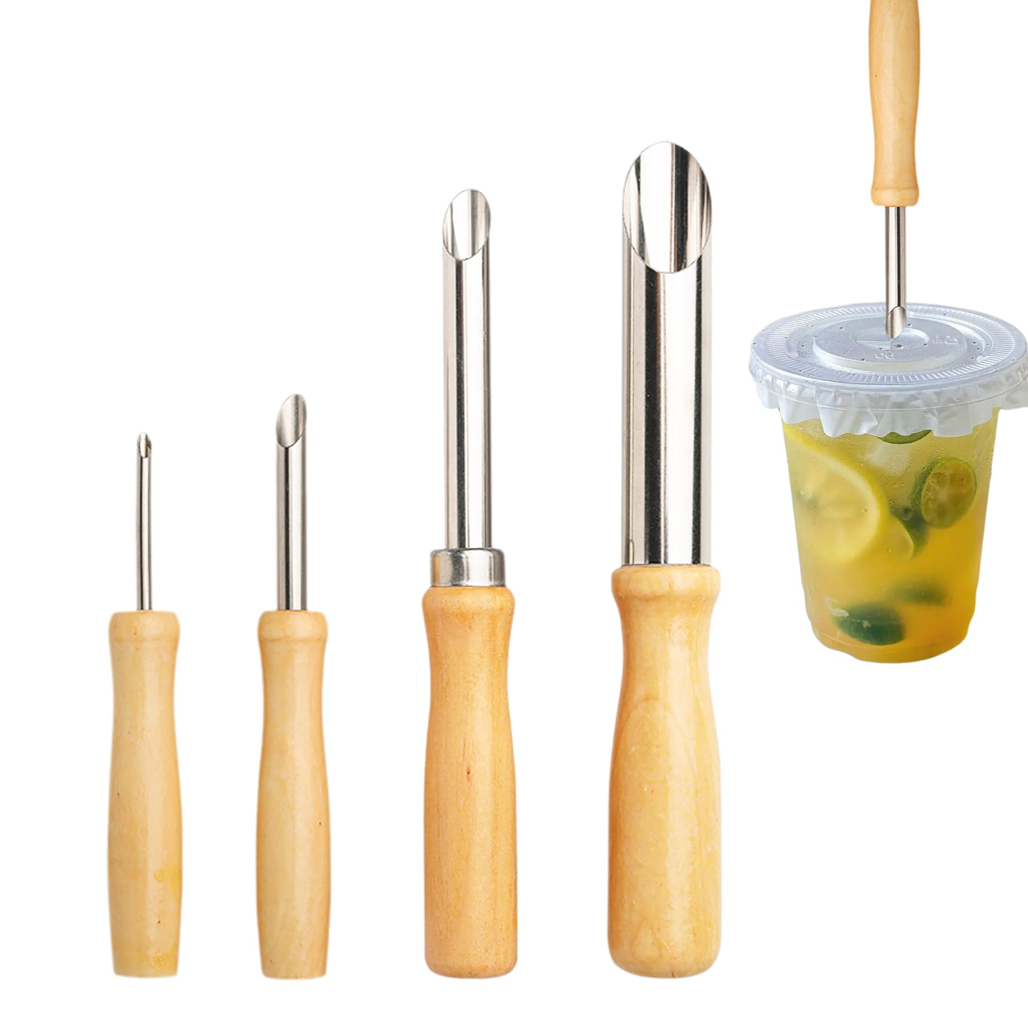Dasezsdt Straw Puncher for Plastic Lids Lemonade Cup Lid Hole Puncher, 4pcs, Stainless Steel, Wood Handle, Silver