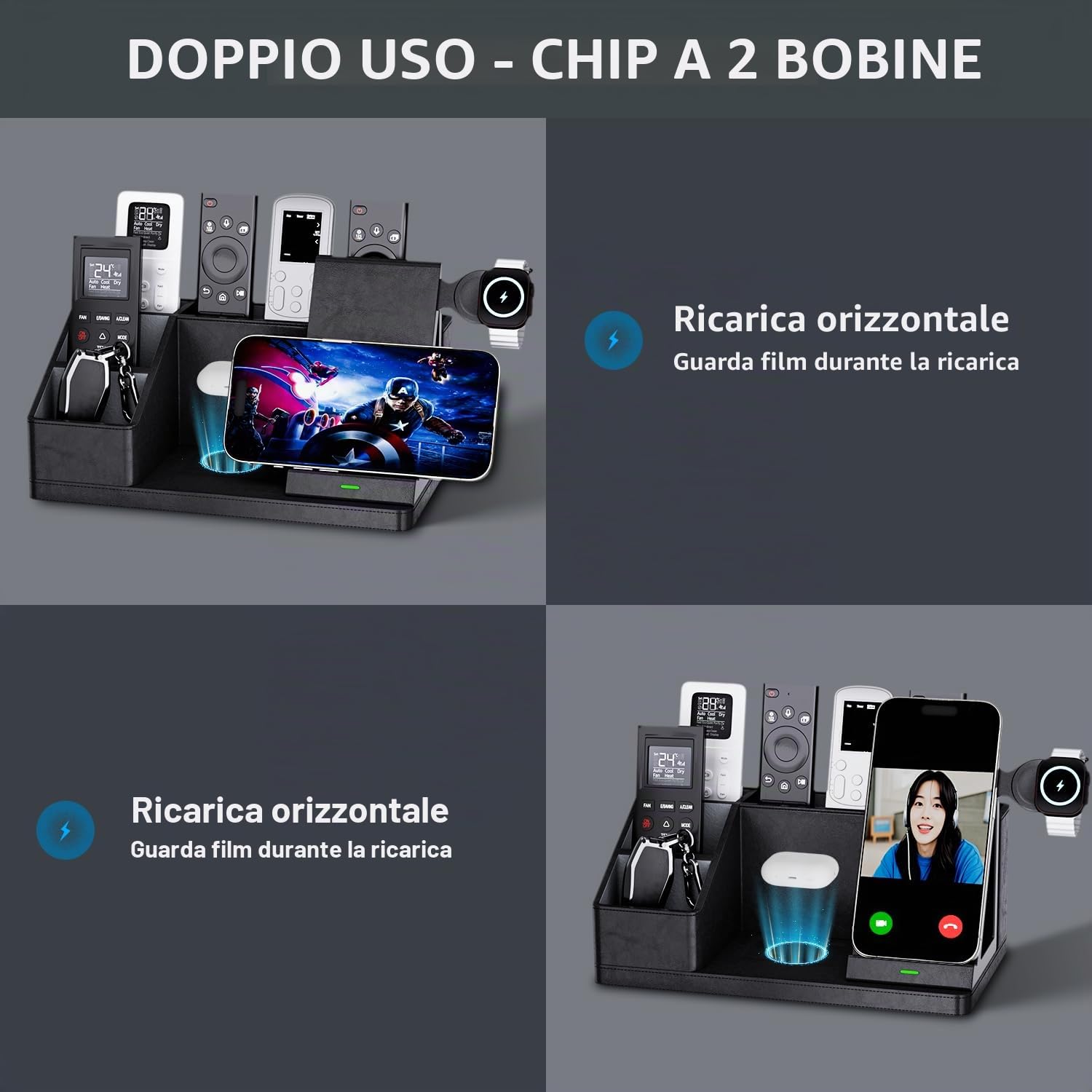 GORESE Organizer da scrivania 3 in 1 con stazione di ricarica induttiva in pelle per ufficio, 30 W ricarica wireless per iPhone 16/15/14/13/12/11/Pro/Max/XS iWatch7/6/5/4/3 AirPods3/2 AirPods 3/2/Pro