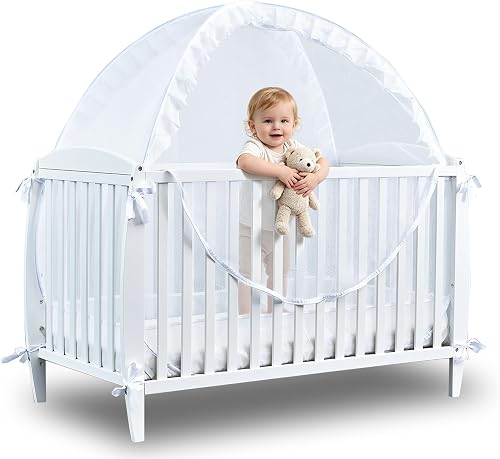 Tupi Baby Crib Tent Safety Net to Keep Baby in, Pop Up Crib Tent Canopy Keep Baby from Climbing Out, Mosquito Net for Baby Crib, Ultra Stable Frame, Durable Strong Self-Locking Zipper, White