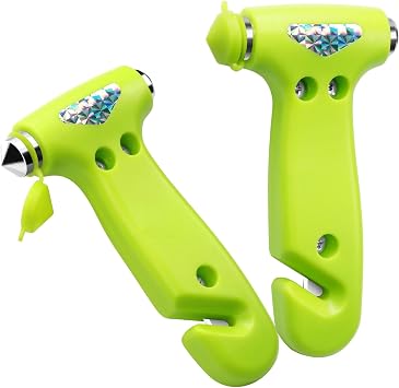 Car Window Breaker, Safety Hammer - 3 in 1 Escape Tools, Window Breaker Seatbelt Cutter, Roadside Emergency Kit with Light Reflective Tape2 Pack, Green
