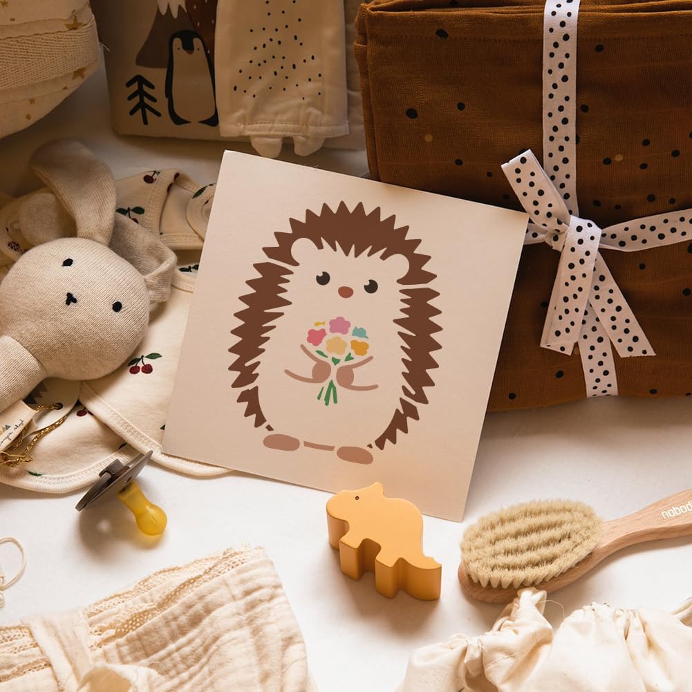 FINGERINSPIRE 8Styles Cartoon Hedgehog Pattern Stencils with a Brush 5.9x5.9Inch Reusable Hedgehog Painting Stencils PET Plastic Animal Themes Template for Painting on Wood Floor Tile Wall Fabric
