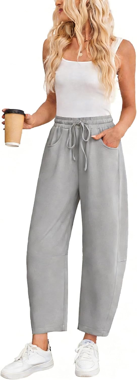 Women’s Cotton Barrel Leg Sweatpants, Wide Leg Drawstring Lounge Pants, Loose Fit Casual Pants for Home and Travel - Image 2