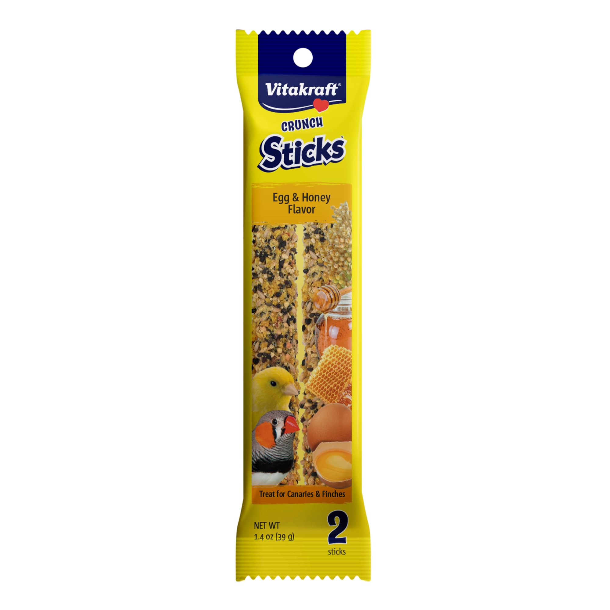Vitakraft Crunch Sticks Parakeet Treats Egg and Honey Flavor 2 Pack - Long Lasting Seed Stick with Natural Wood Center Clip Holder and Nutritious Ingredients for Happy Engaged Birds