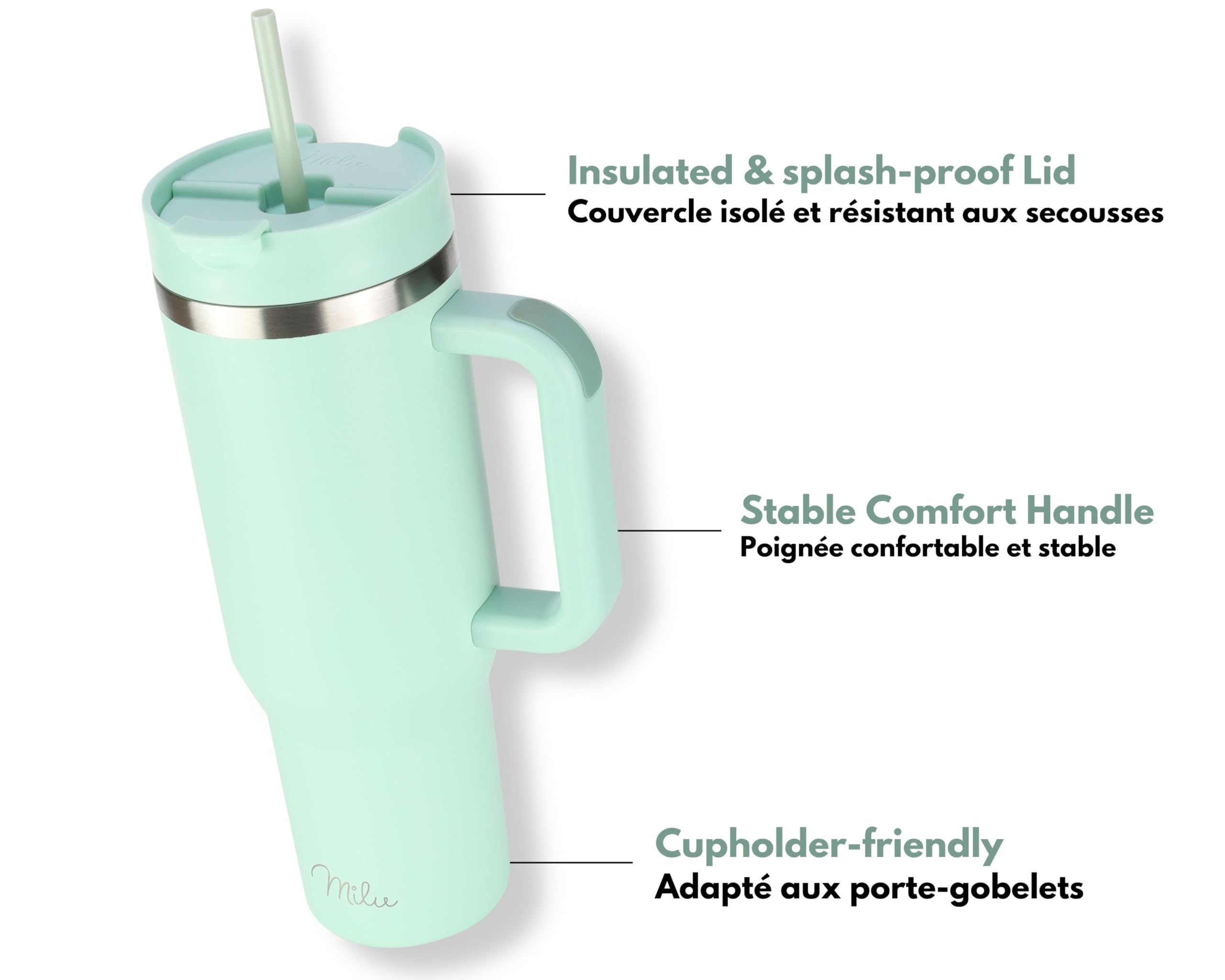 Milu Gobelet thermique 1200ml avec paille & anse, 24h glacé / 12h chaud Tumbler 40oz en acier inoxydable avec poignée, isolant bouteille to go (Mellow Mint, 1200ml)