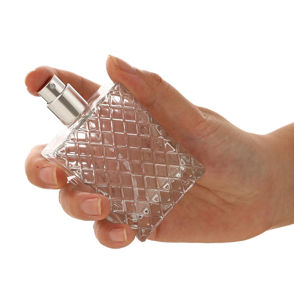 Bottiglia spray per profumo, da 50 ml / 1,7 fl.oz, con nebulizzatore trasparente, ricaricabile, in vetro, flacone vuoto, dispenser quadrato portatile, Argento, 1.7 Ounces