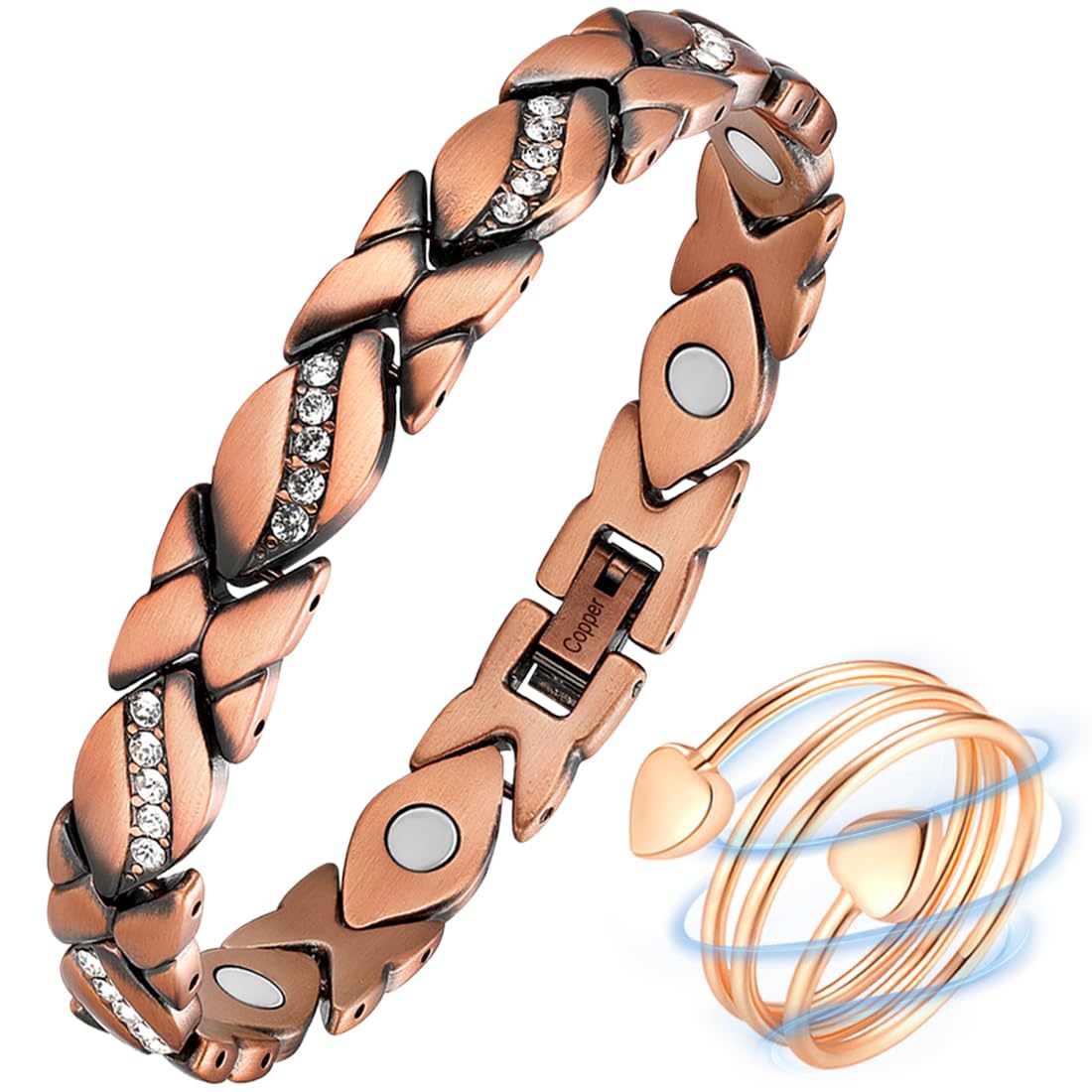 Jeracol Koperen magnetische armband voor vrouwen, magnetische brazaleten met kristallen, verstelbare maat massief koperen armband polsband met verwijderingsgereedschap en sieraden geschenkdoos