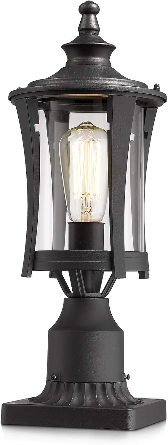 EAPUDUN Outdoor Lamp Post Light Fixture, Waterproof 18 Inch Post Light with 3" Pier Mount Base, Matte Black Cast Aluminum Finish with Clear Glass Lantern for Driveway, Garden & Patio