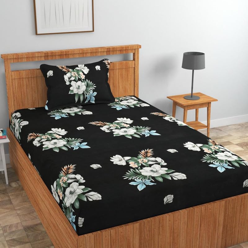 Image of Cotton 210 tc Flat Single | Diwan | Single Mattress Coat Bed Bedsheets for Summer Winter Breathable | Wrinkle Free (Size-60 X 90 Inch) with 1 Pillow Cover 60 x 90 Inches, Floral, Black White