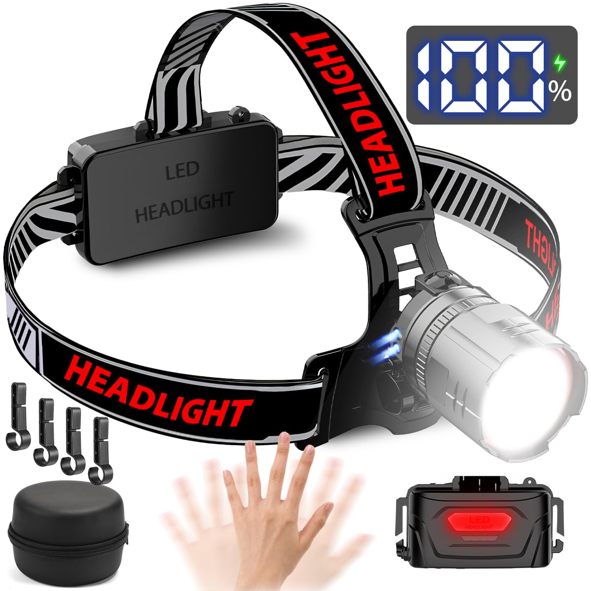 Hoofdlamp, led, oplaadbaar, 8000 lumen, superhelder, met sensor, straalbereik 800 m, 3 lichtmodi, 10 uur continu licht, led-hoofdlampen voor wandelen, fietsen, vissen