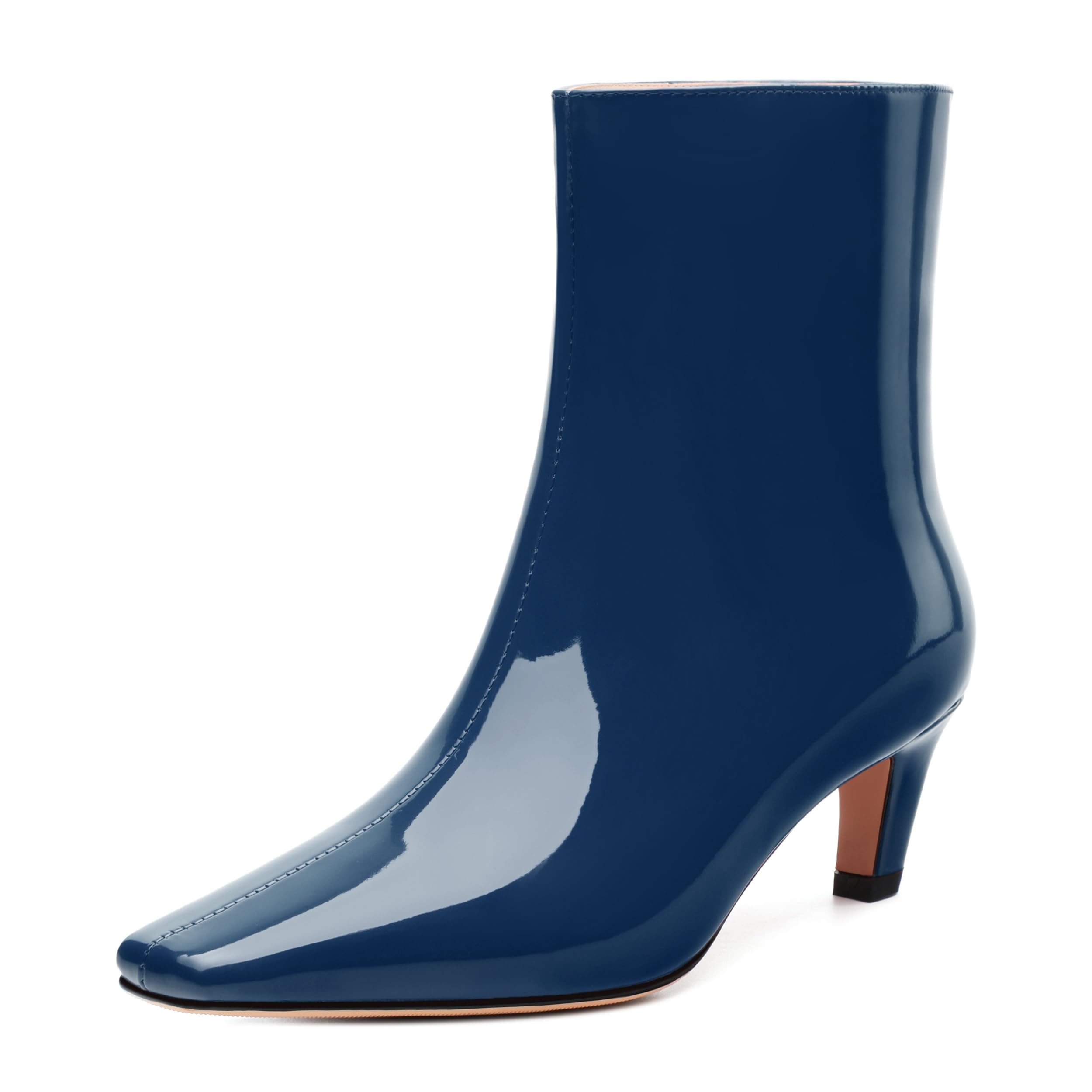 DEMOSHINE Ankle Boots for Women Low Kitten Heel Patent Square Toe Pull on Short Boots Elegant Classic Fashion Fall Winter Boots 2 Inch