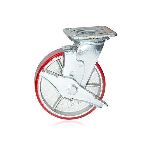Miniatura 2 de Nisorpa Juego de 4 ruedas resistentes de 8 pulgadas de acero poliuretano rojo para muebles de remolque industrial, 2 con frenos y 2 sin frenos